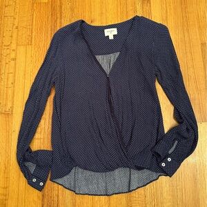 Everly long-sleeved navy blue and white polka dot wrap blouse Size S (G8)